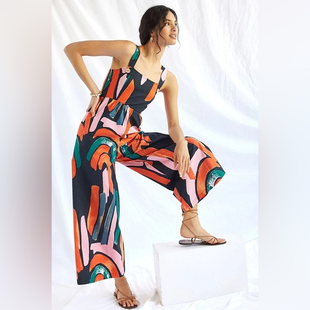 Black Printed Wide-Leg Jumpsuit with Orange & Pink Accents